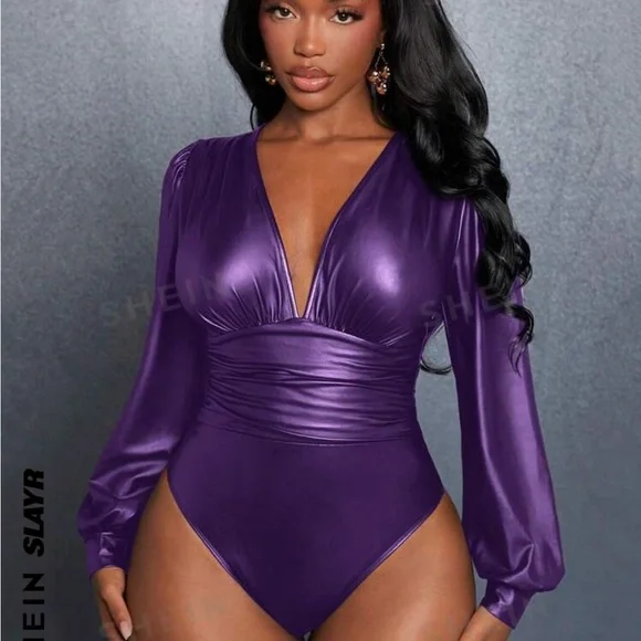 Purple PU Leather Women's Bodysuit - Picture 1 of 7